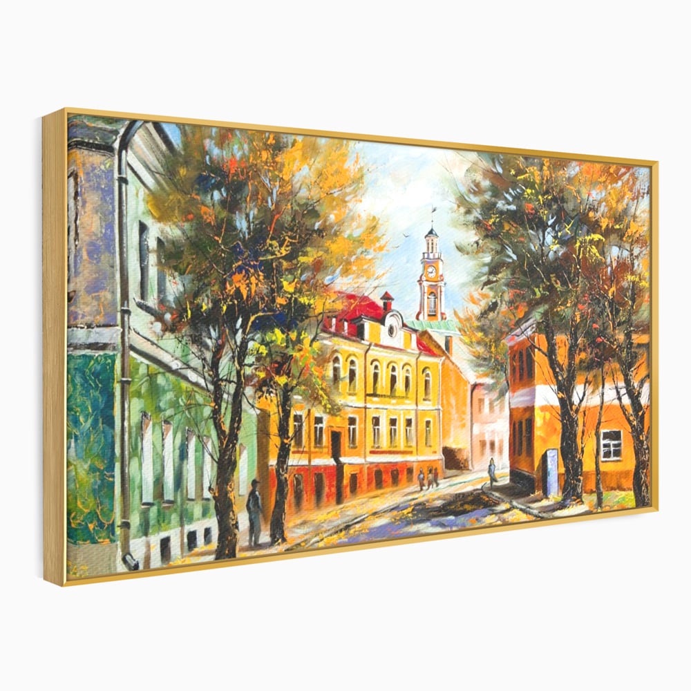 Tablou canvas cu pictura stradala cu peisaj de toamna, in rama de aluminiu auriu